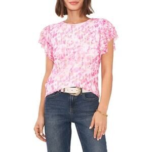 Vince Camuto Pink Abstract Floral Mesh Tiered Flutter Sleeve Top Women's M